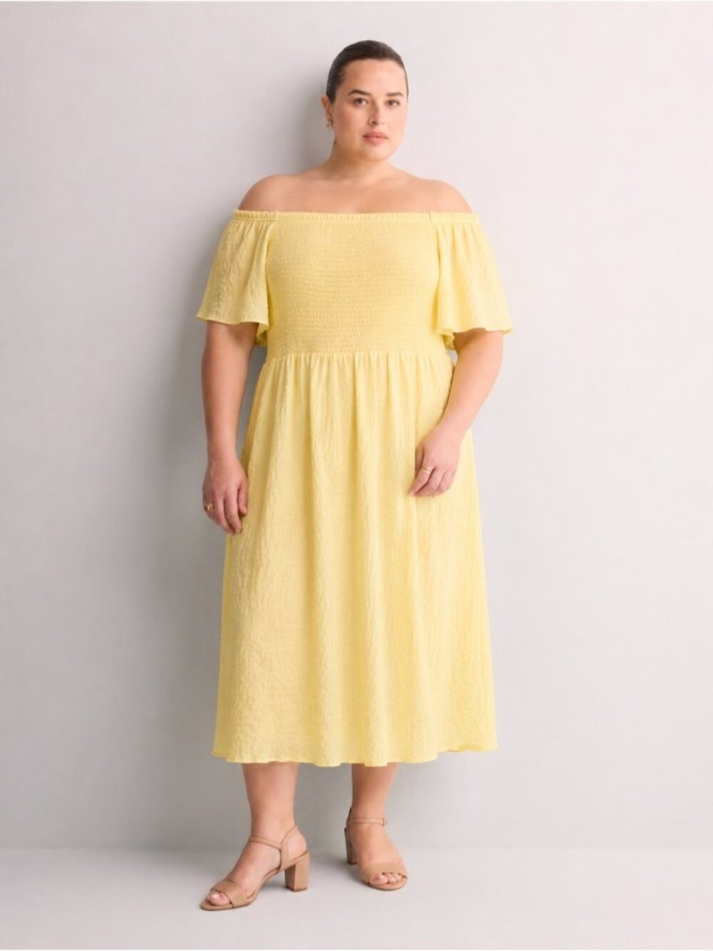 Penningtons Yellow Smocked Off Shoulder Midi Dress 1X Cottagecore Boho Summer